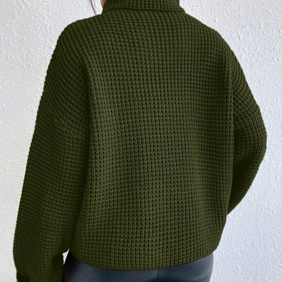 Army Green Casual Women's Turtleneck Long Sleeve Sweater - Picture 2 of 6